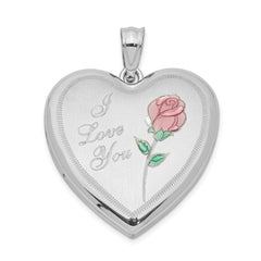 Sterling Silver Rhodium-plated 24mm Enameled Rose Heart Locket QLS305