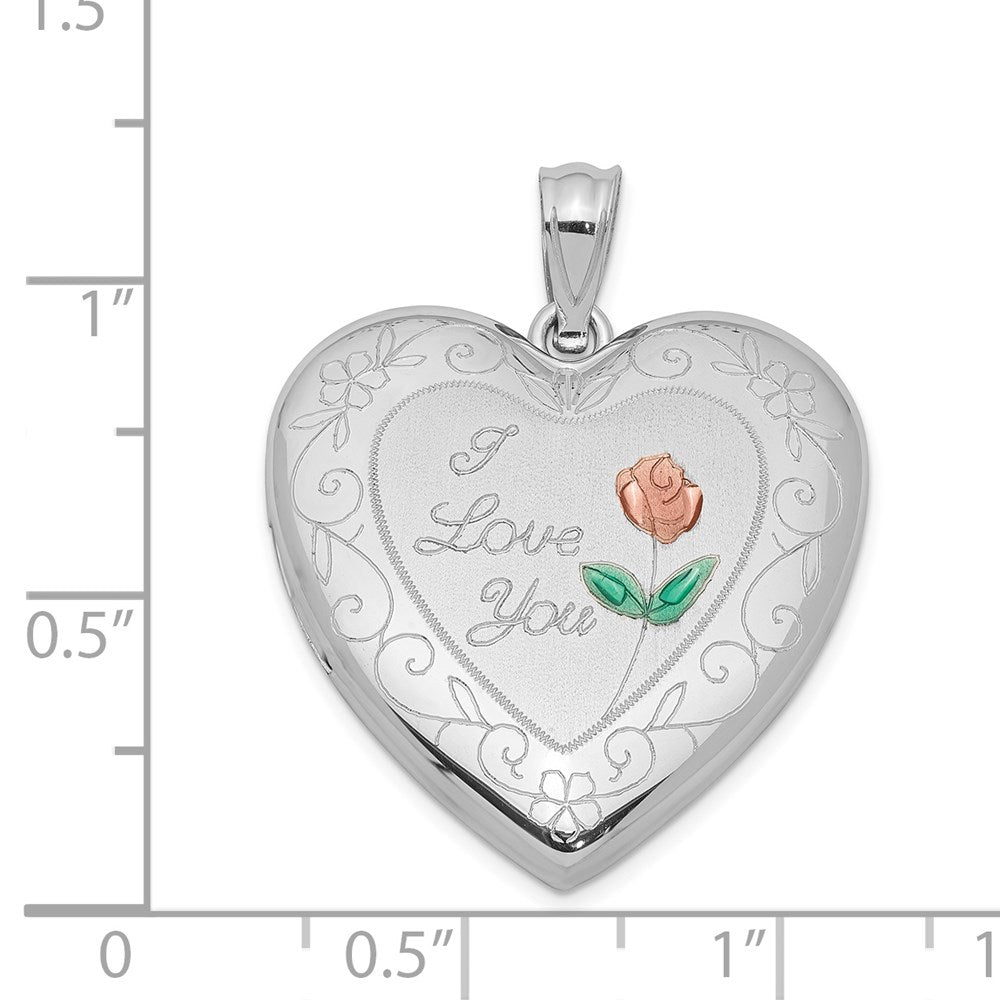 Sterling Silver Rhodium-plated 24mm Enameled Rose with Border Heart Locket QLS309