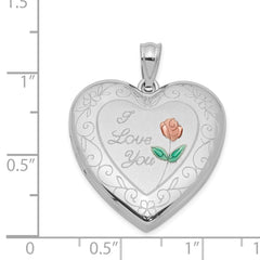 Sterling Silver Rhodium-plated 24mm Enameled Rose with Border Heart Locket QLS309