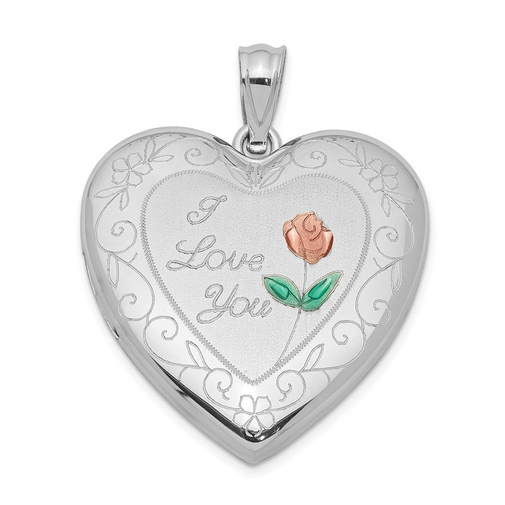 Sterling Silver Rhodium-plated 24mm Enameled Rose with Border Heart Locket QLS309