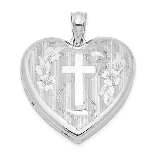 Sterling Silver Rhodium-plated 24mm D/C Cross Heart Locket QLS387