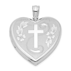 Sterling Silver Rhodium-plated 24mm D/C Cross Heart Locket QLS387