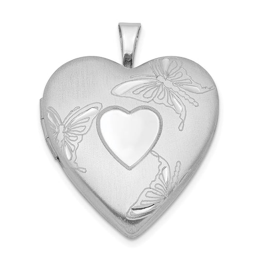 Sterling Silver Rhod-plated 20mm Satin/Polished D/C Butterfly Heart Locket QLS394