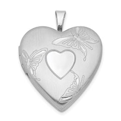 Sterling Silver Rhod-plated 20mm Satin/Polished D/C Butterfly Heart Locket QLS394