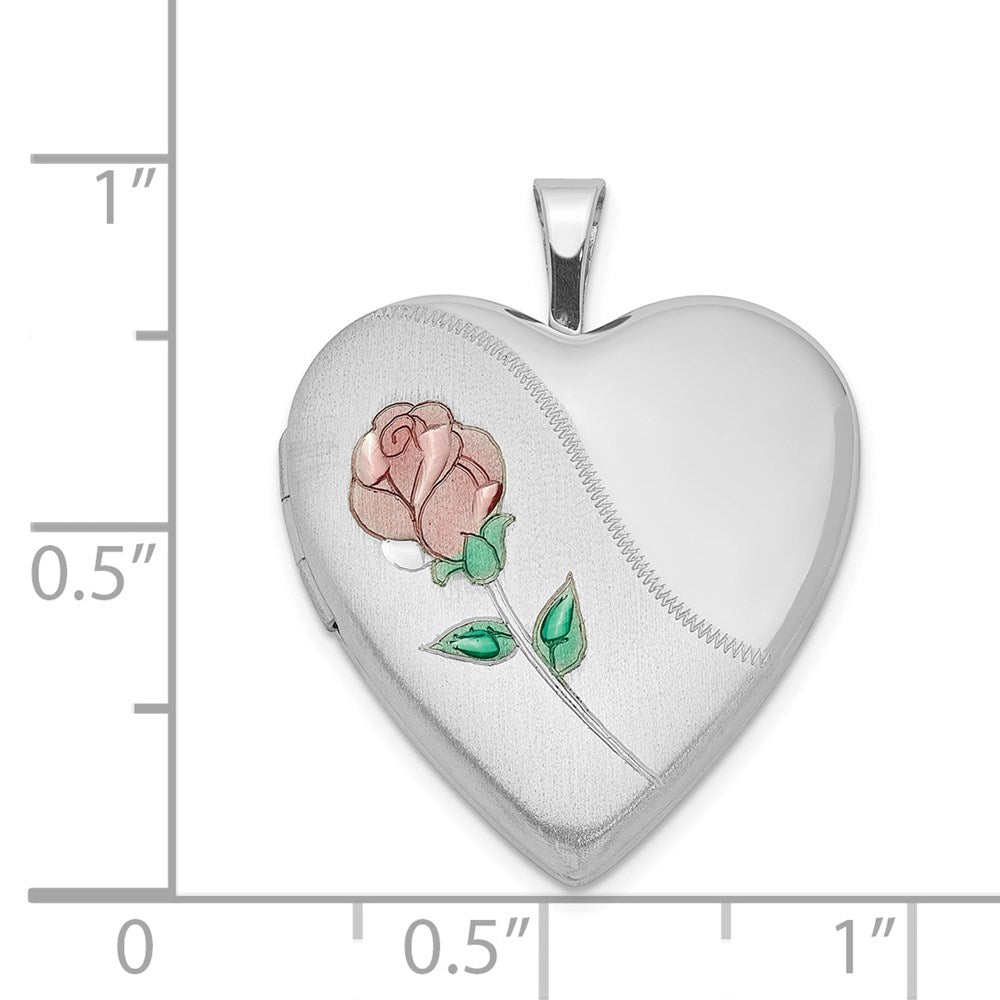 Sterling Silver Rhod-plated 20mm Satin, Enamel, D/C Floral Heart Locket QLS414
