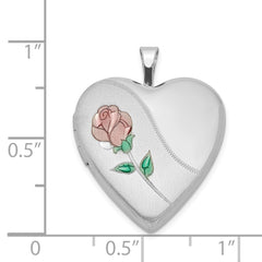 Sterling Silver Rhod-plated 20mm Satin, Enamel, D/C Floral Heart Locket QLS414