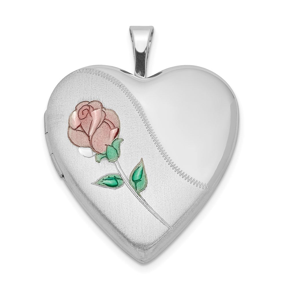 Sterling Silver Rhod-plated 20mm Satin, Enamel, D/C Floral Heart Locket QLS414