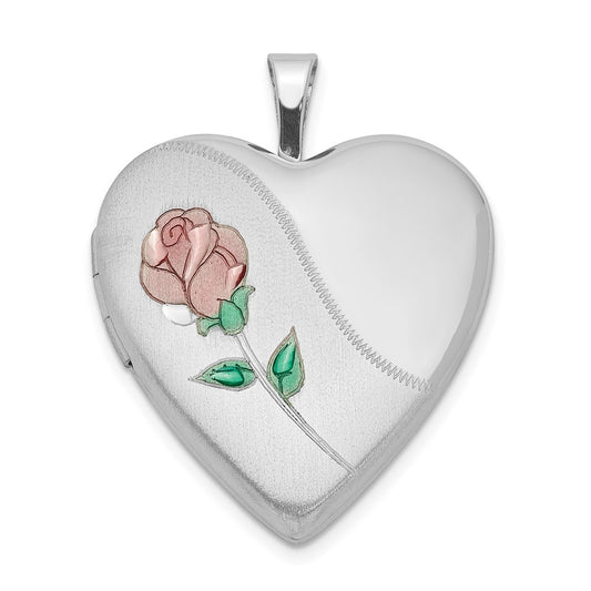 Sterling Silver Rhod-plated 20mm Satin, Enamel, D/C Floral Heart Locket QLS414