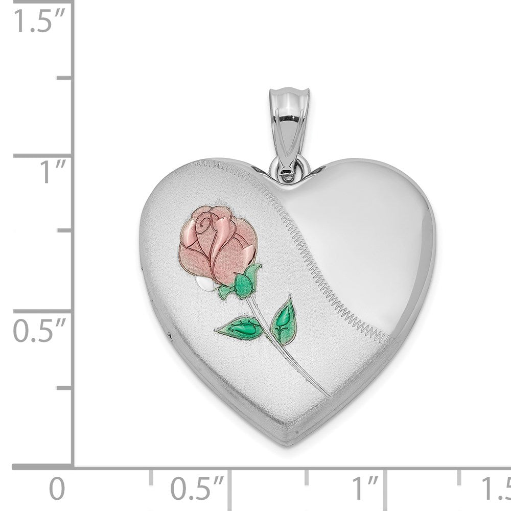 Sterling Silver Rhodium-plated 24mm Satin Enameled & D/C Rose Locket QLS415