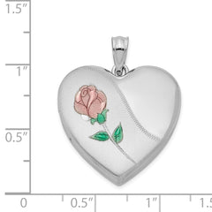 Sterling Silver Rhodium-plated 24mm Satin Enameled & D/C Rose Locket QLS415