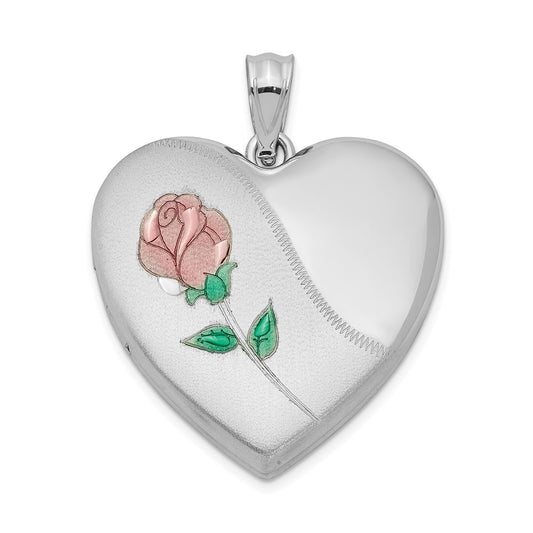 Sterling Silver Rhodium-plated 24mm Satin Enameled & D/C Rose Locket QLS415