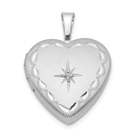 Sterling Silver Rhodium-plated Satin & D/C Diamond Star Heart Locket QLS429
