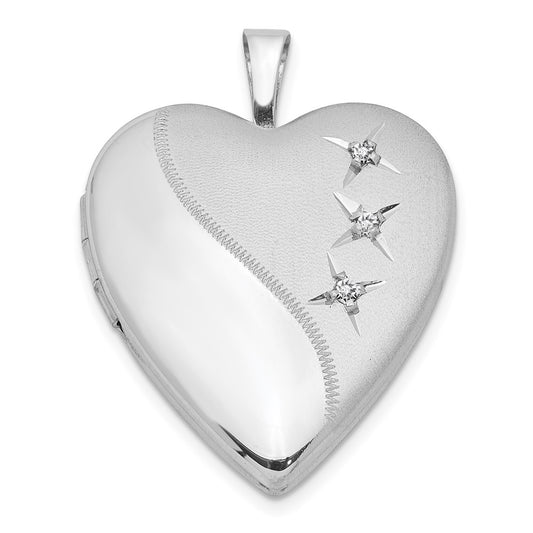 Sterling Silver Rhodium-plated Polished & Satin Diamond 20mm Heart Locket QLS430