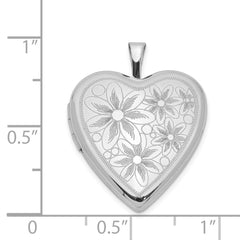 Sterling Silver Rhodium-plated 20mm Textured Daisies Heart Locket QLS435