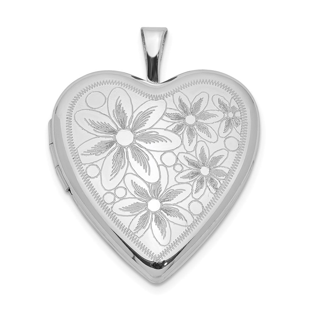 Sterling Silver Rhodium-plated 20mm Textured Daisies Heart Locket QLS435