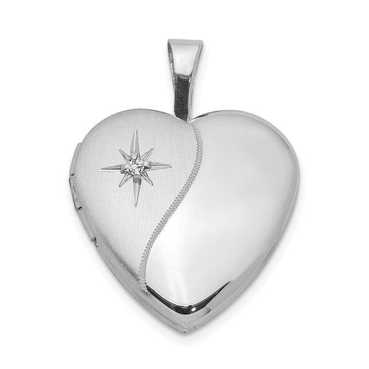 Sterling Silver Rhod-plated Polished/Satin Diamond 16mm D/C Heart Locket QLS437