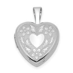 Sterling Silver Rhodium-plated Floral Heart Wings 12mm Heart Locket QLS488