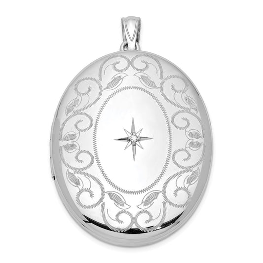 Sterling Silver Rhodium-plated & Diamond w/ Swirl Border 34mm Oval Locket QLS579