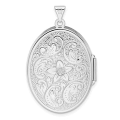 Sterling Silver Rhodium-plated Reversible Floral Swirl Oval Locket QLS6