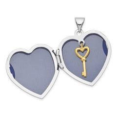Sterling Silver Rhodium & Gold-plated w/ Key Charm Inside 21mm Heart Locket QLS603