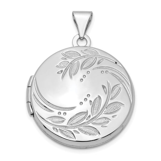 Sterling Silver Rhodium-plated 20mm Round Leaf Floral Locket QLS613