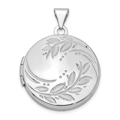 Sterling Silver Rhodium-plated 20mm Round Leaf Floral Locket QLS613