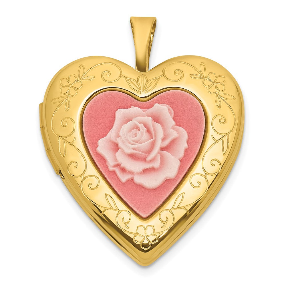 Sterling Silver Gold-plated Polished Front/Brushed Back Pink Rose Resin Cameo 20mm Heart Locket QLS781GP