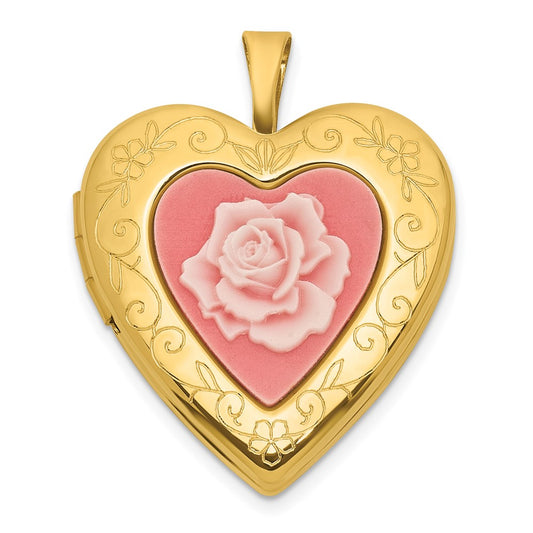 Sterling Silver Gold-plated Polished Front/Brushed Back Pink Rose Resin Cameo 20mm Heart Locket QLS781GP