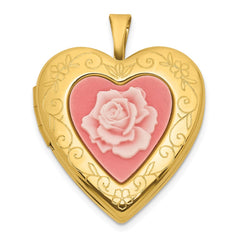 Sterling Silver Gold-plated Polished Front/Brushed Back Pink Rose Resin Cameo 20mm Heart Locket QLS781GP