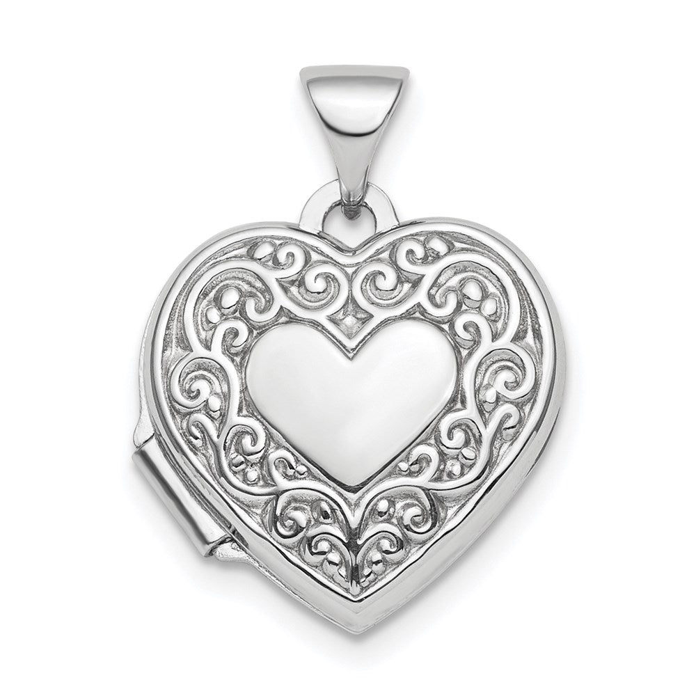 Sterling Silver Rhod-plated Scroll Border Reversible 15mm Heart Locket QLS808