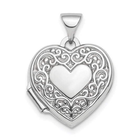 Sterling Silver Rhod-plated Scroll Border Reversible 15mm Heart Locket QLS808