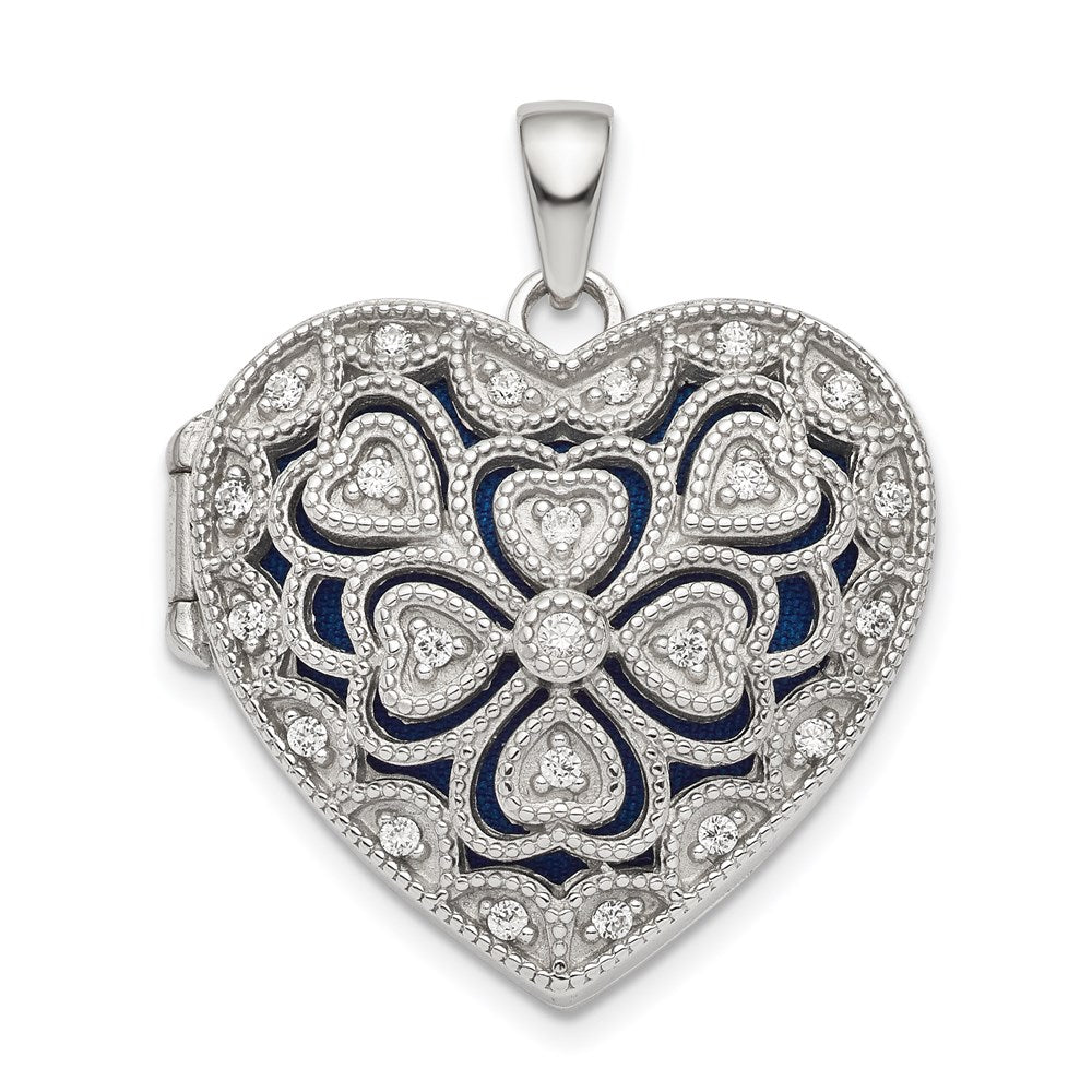 Sterling Silver Rhodium-plated Fancy CZ Heart Locket QLS822