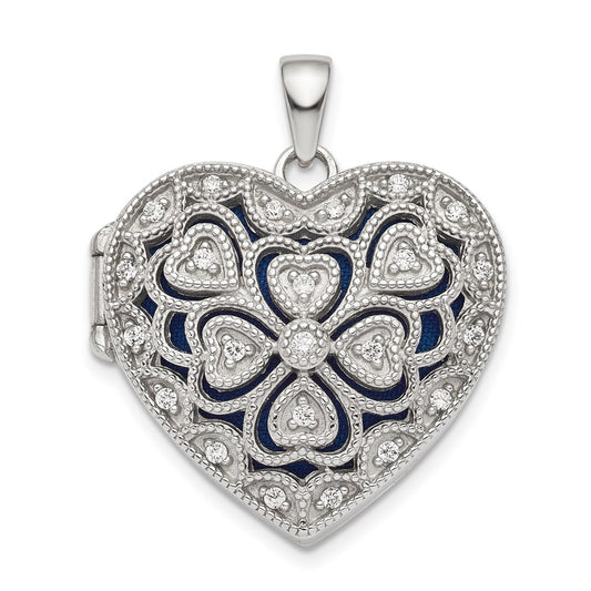 Sterling Silver Rhodium-plated Fancy CZ Heart Locket QLS822