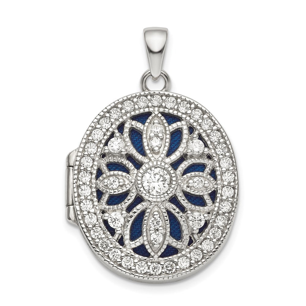Sterling Silver Rhodium-plated Fancy CZ Oval Locket QLS836