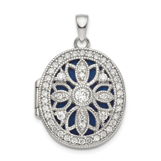 Sterling Silver Rhodium-plated Fancy CZ Oval Locket QLS836