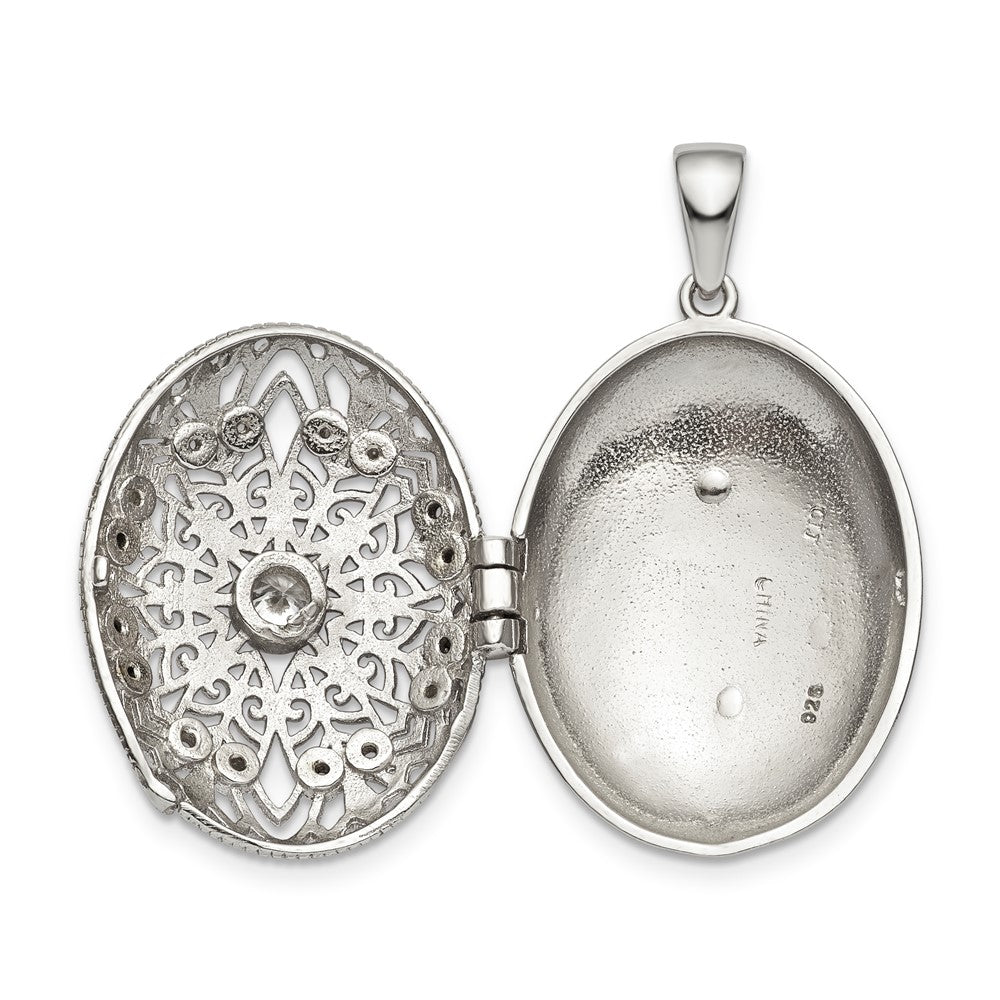 Sterling Silver Rhodium-plated CZ Filigree Top Polished Back Oval Locket QLS838