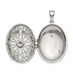 Sterling Silver Rhodium-plated CZ Filigree Top Polished Back Oval Locket QLS838