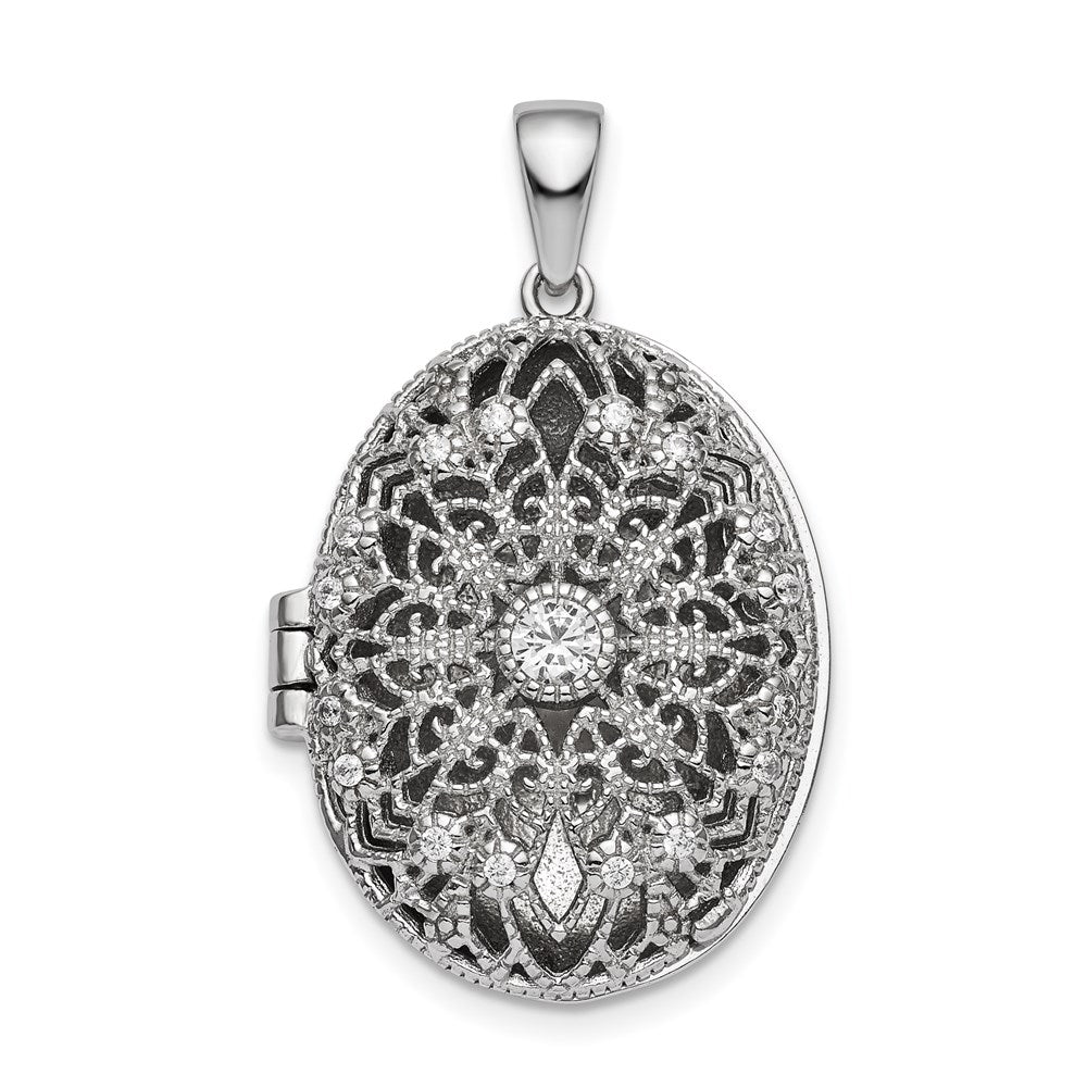 Sterling Silver Rhodium-plated CZ Filigree Top Polished Back Oval Locket QLS838
