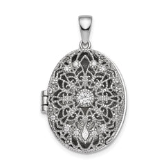 Sterling Silver Rhodium-plated CZ Filigree Top Polished Back Oval Locket QLS838