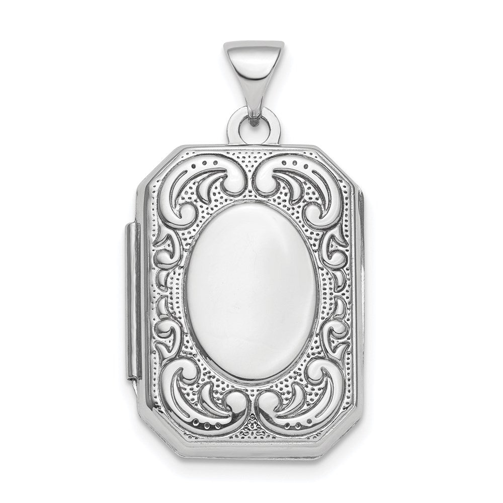 Sterling Silver Rhodium-plated Polished Fancy Scroll 21mm Octagonal Locket QLS842