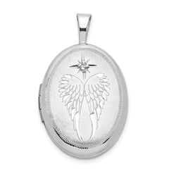 Sterling Silver Rhodium-plated 19mm Diamond Angel Wings Oval Locket QLS898