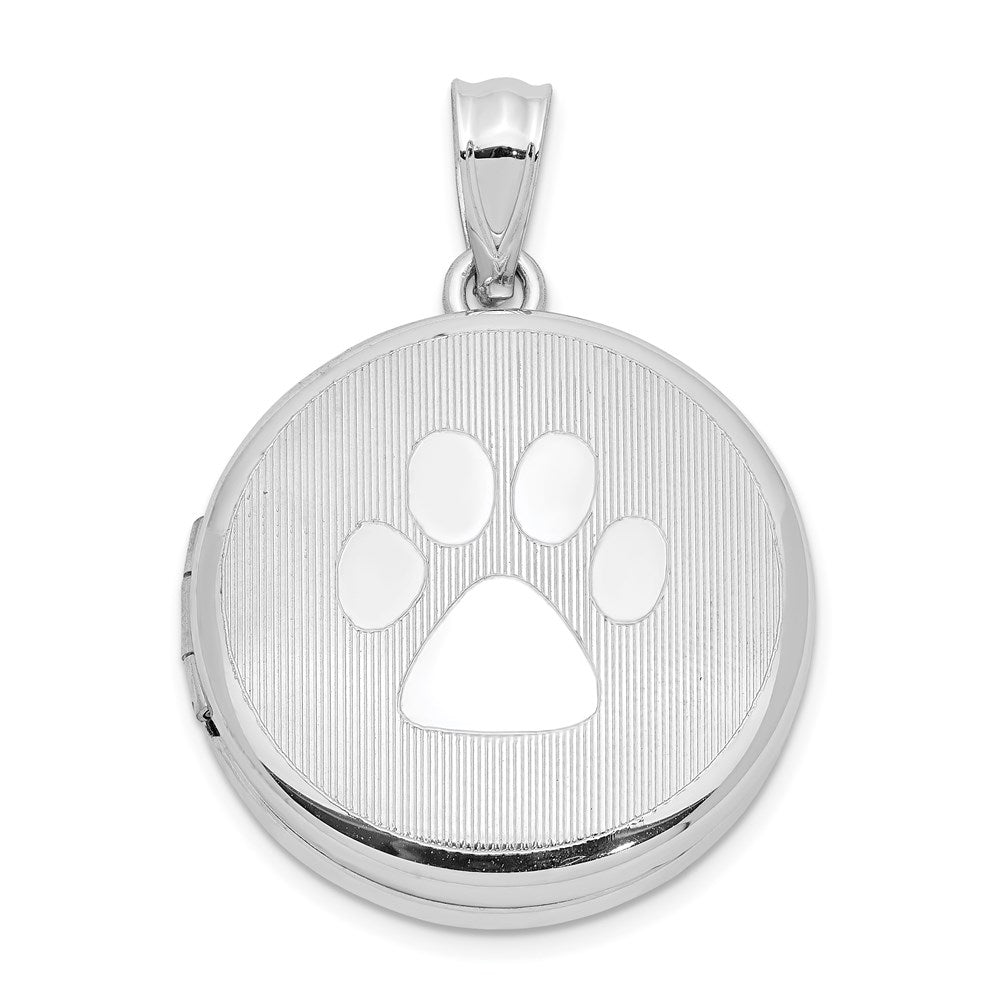 Sterling Silver Rhodium 20mm Grooved & Polished Pawprint Round Locket QLS918
