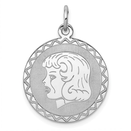 Sterling Silver Rhodium-plated Engraveable Girl Disc Charm QM312