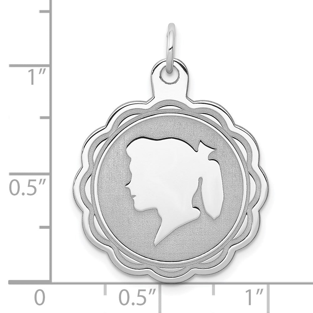 Sterling Silver Rhodium-plated Engraveable Girl Disc Charm QM320