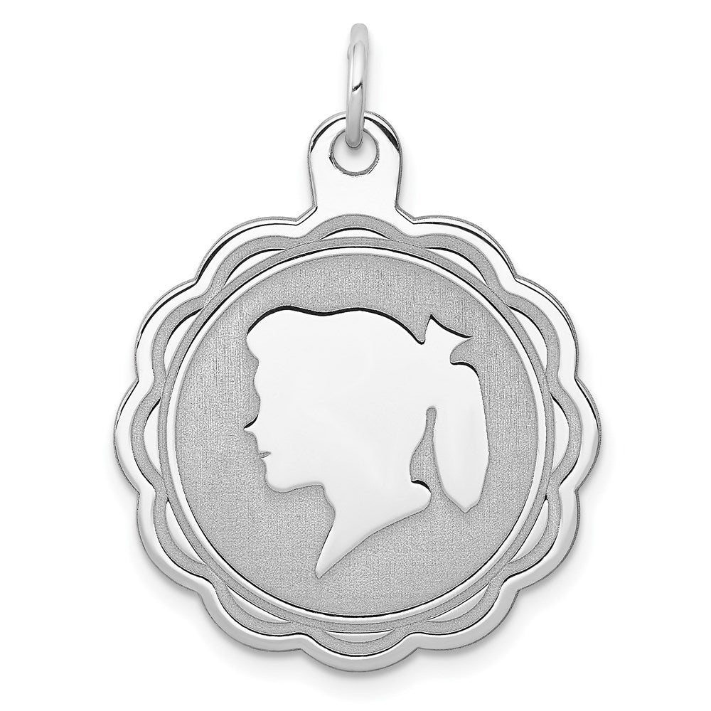 Sterling Silver Rhodium-plated Engraveable Girl Disc Charm QM320