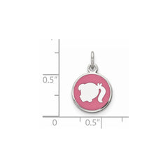 Sterling Silver Rhod-plate Pink Enamel Left Facing Girl Head Disc Charm QM535