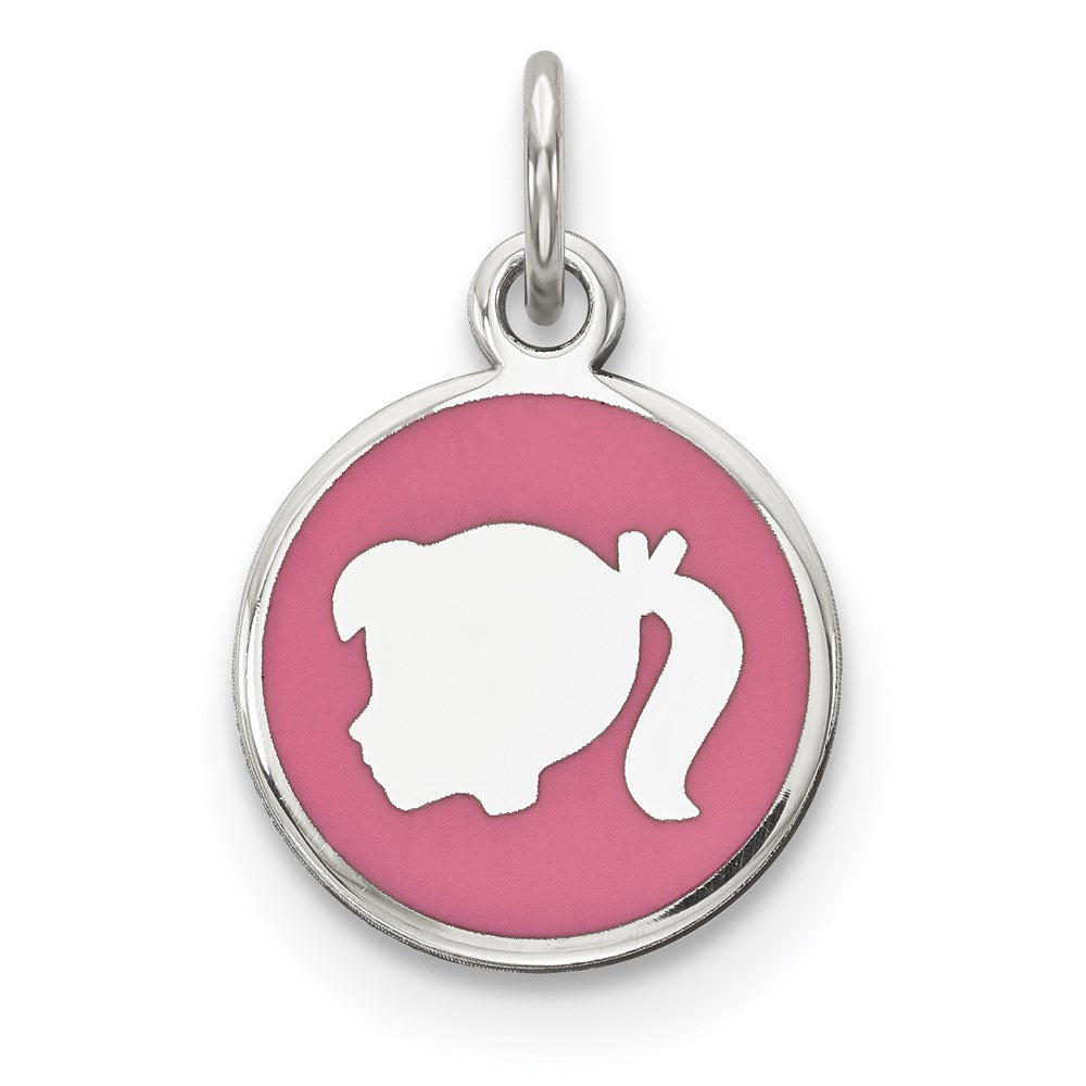 Sterling Silver Rhod-plate Pink Enamel Left Facing Girl Head Disc Charm QM535