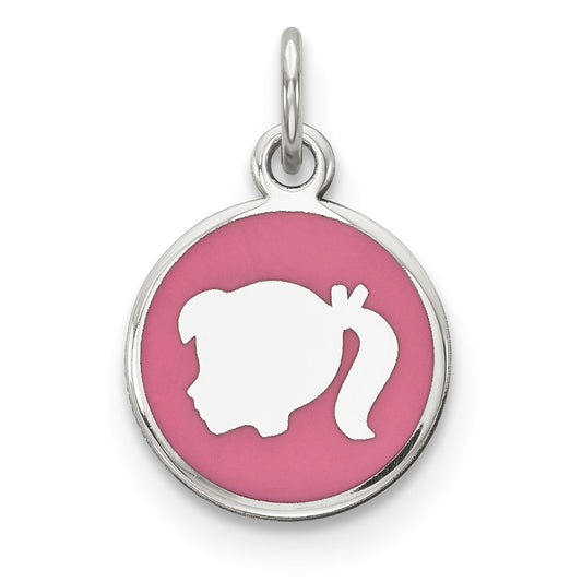 Sterling Silver Rhod-plate Pink Enamel Left Facing Girl Head Disc Charm QM535