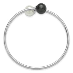 Sterling Silver Rh-plat 10-11mm Wht Blk Imitat Shell Pearl Bangle Bracelet QMJB133WB