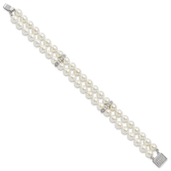 Majestik Sterling Silver Rhodium-plated 7-8mm White Imitation Shell Pearl and CZ Hand-knotted Bracelet QMJB270W-7.5